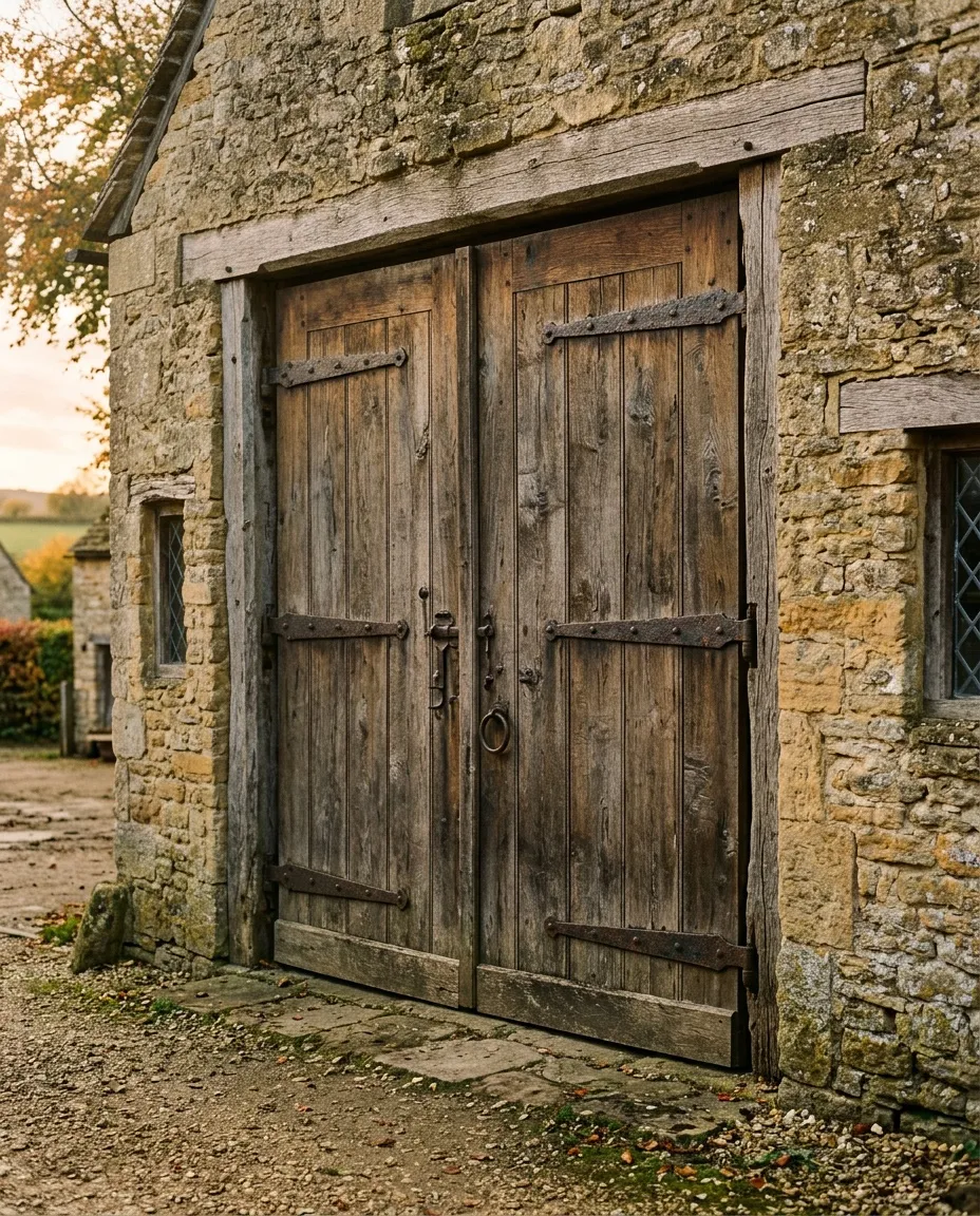 The doors of a restored threshing barn