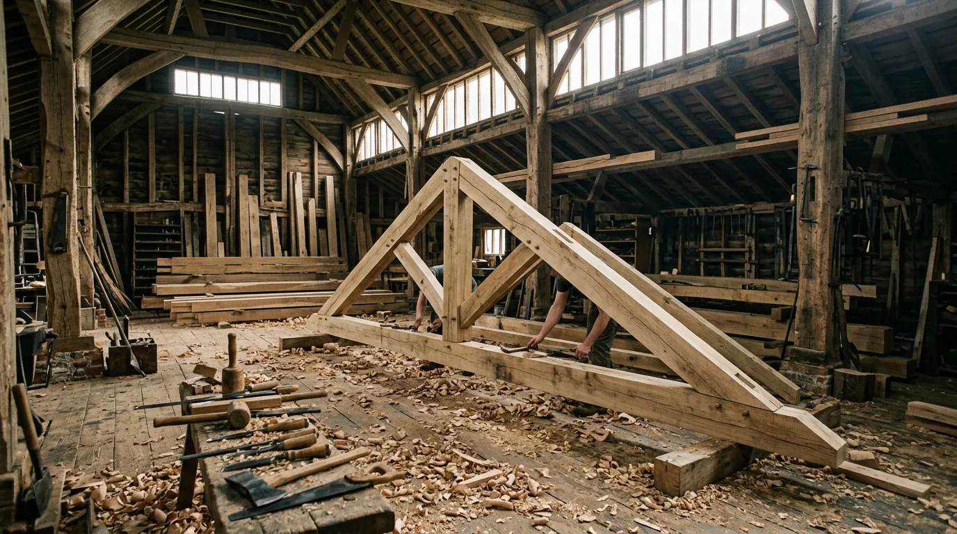 Oak beams being cut in the Box workshop