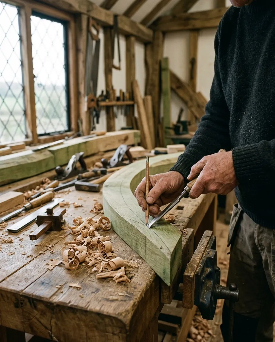 A carpenter scribing an oak brace