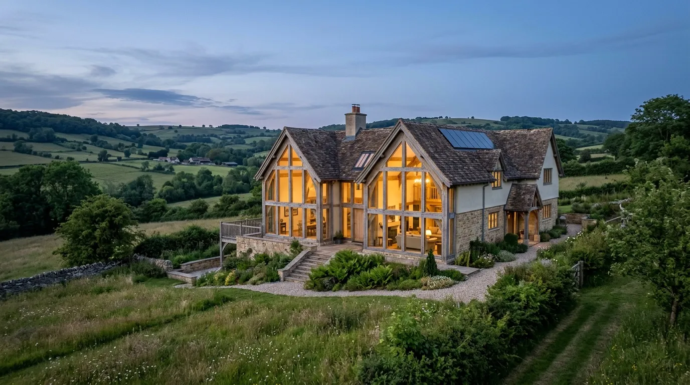 Combe Hay House, a green oak home, lit up at dusk