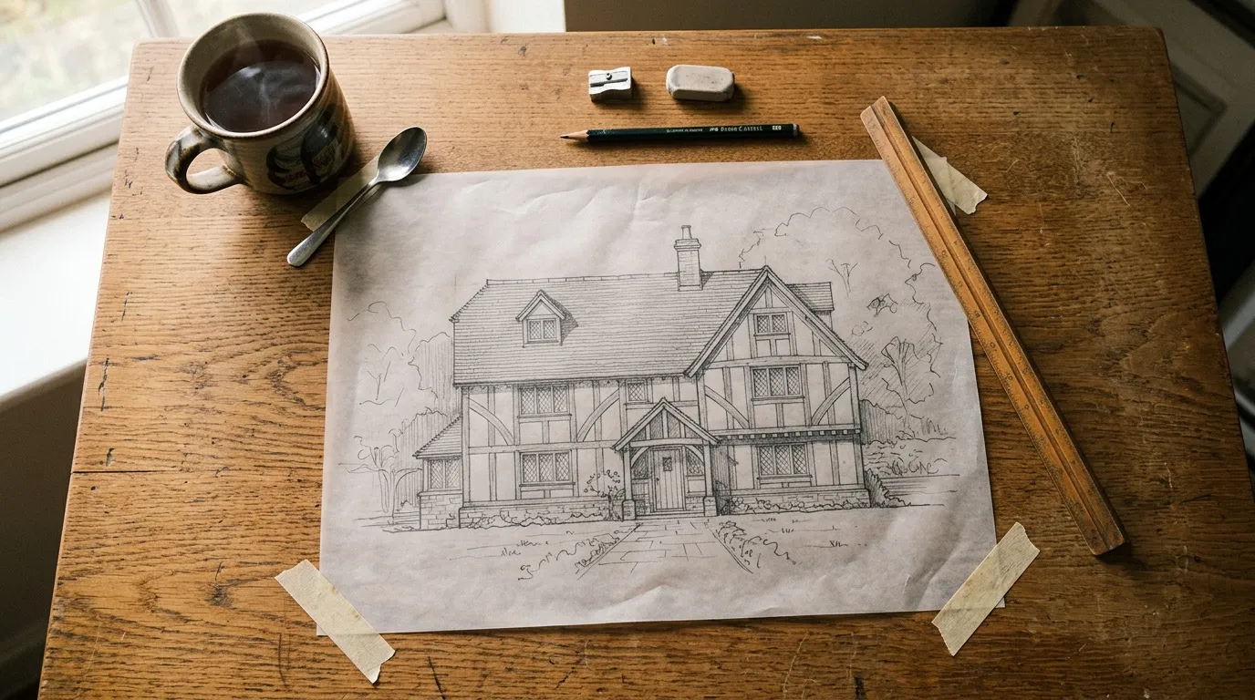 Pencil drawings of an oak frame on a studio table