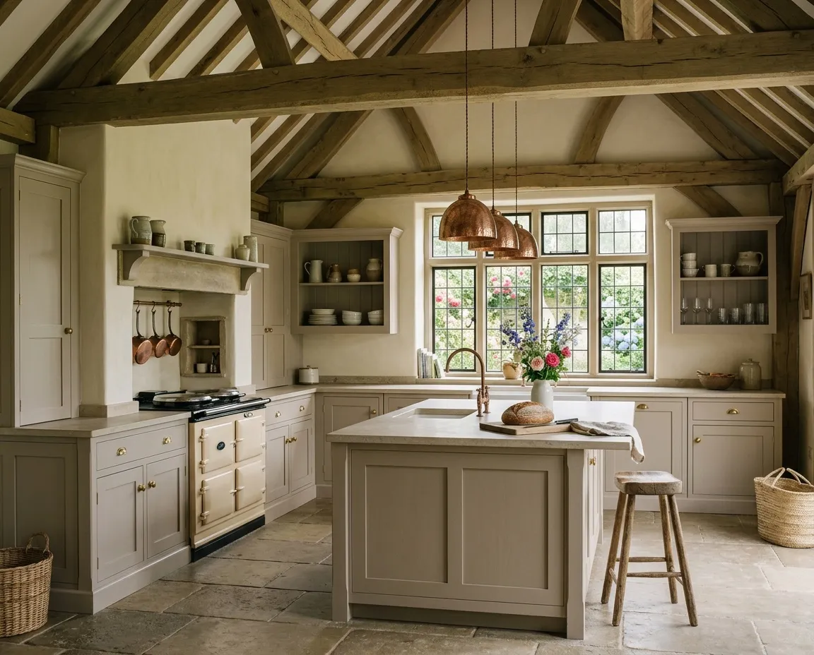 A kitchen beneath oak tie beams
