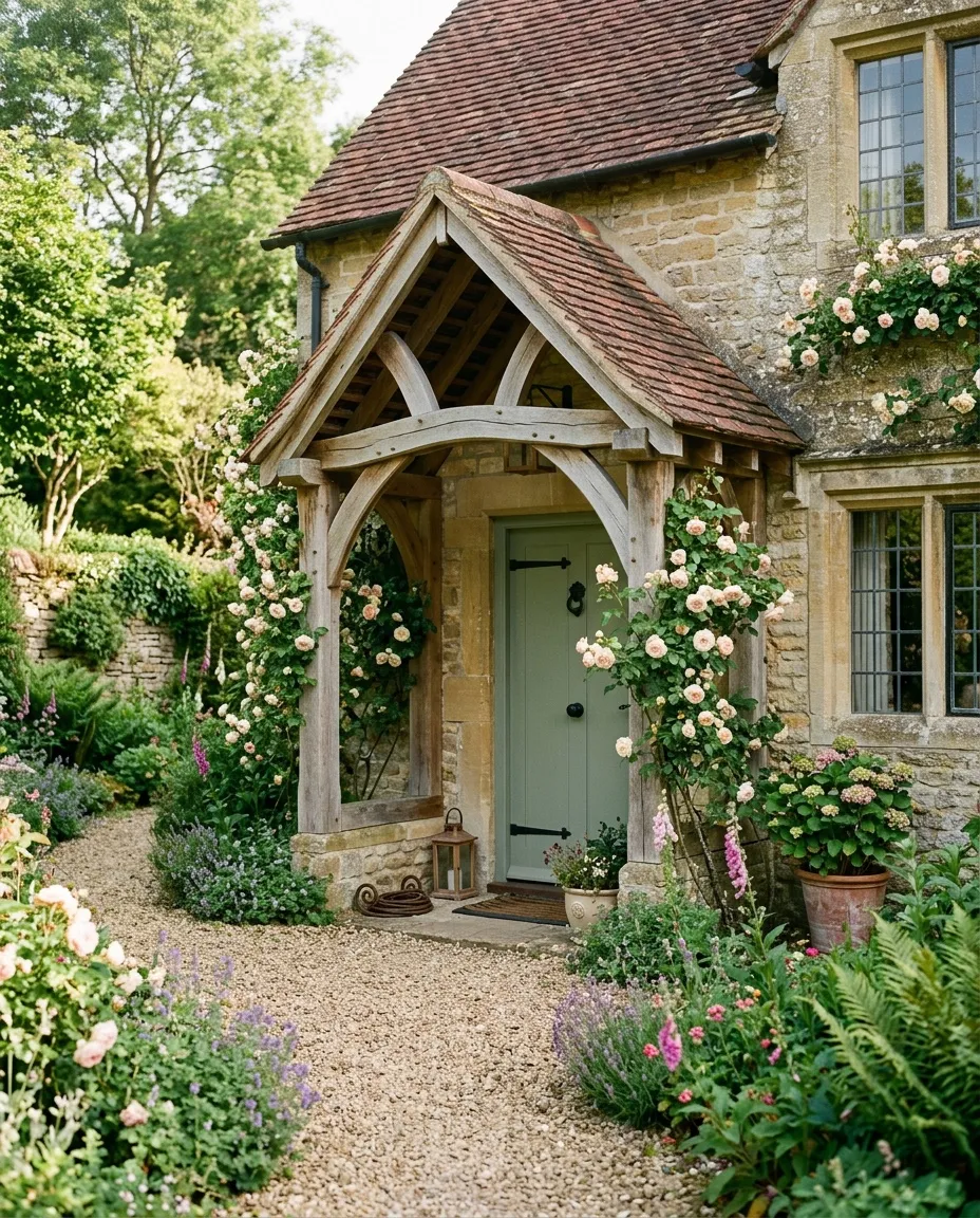 An oak porch with climbing roses