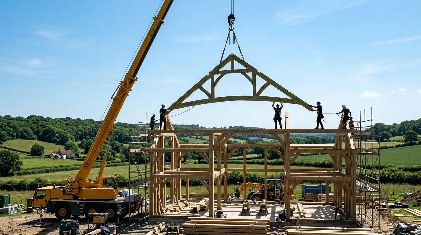 A crane lifting an oak frame into place