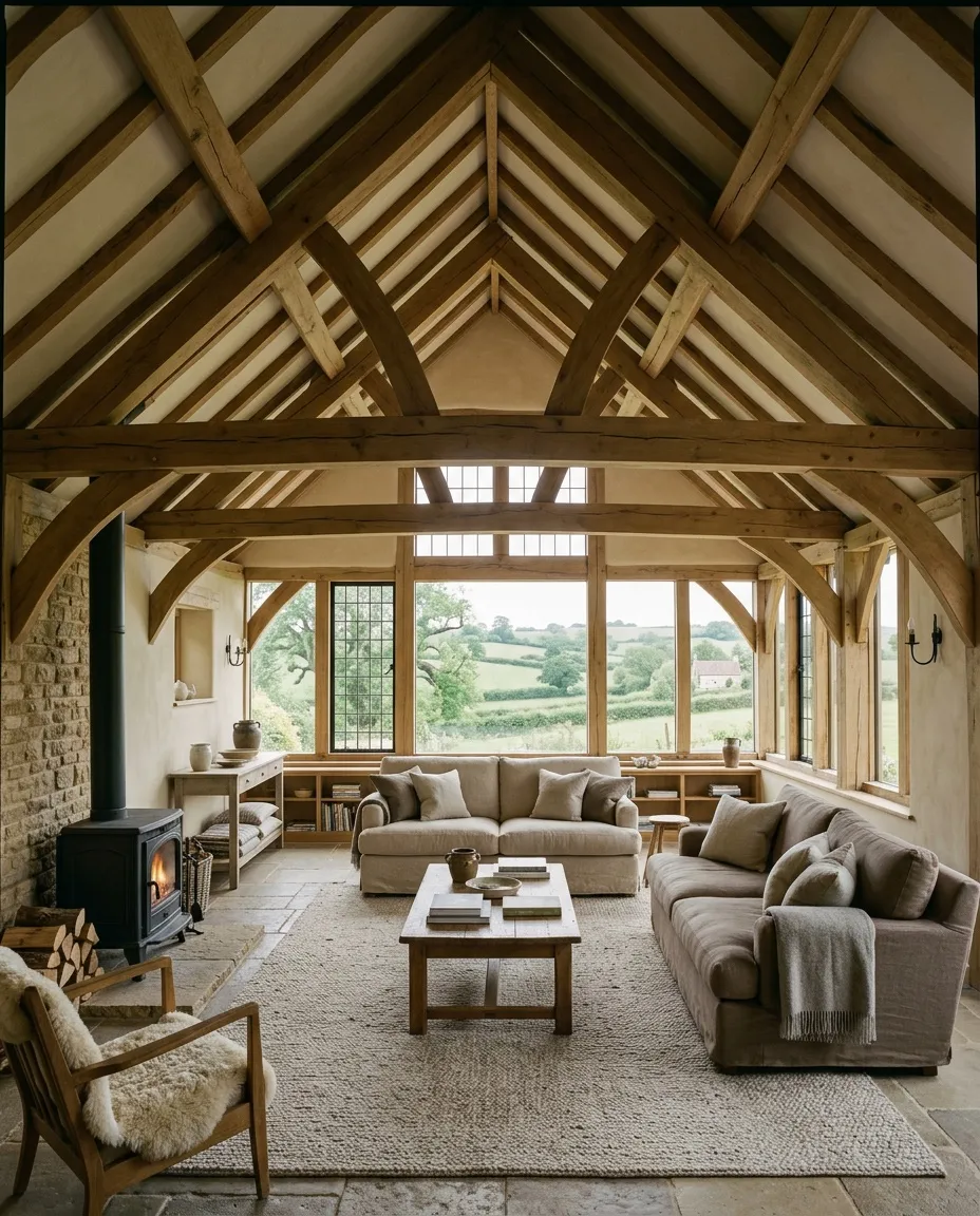 A vaulted living room under an exposed oak frame